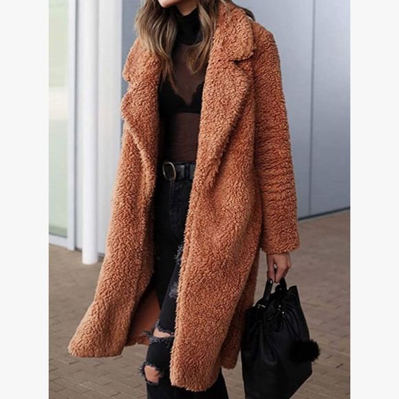 Angashion Fuzzy Fleece Lapel Open Front Long Cardigan Coat - Picture 3 of 16